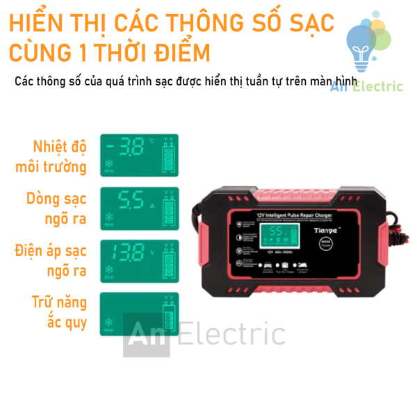 Bộ sạc ắc quy thông minh 12VDC/6A TIANYE RJ-C120501A cho ắc quy 12V 4AH - 100AH