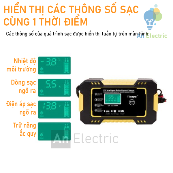 Bộ sạc ắc quy thông minh vàng 12VDC/6A TIANYE RJ-C120501A cho ắc quy 12V 4AH - 100AH