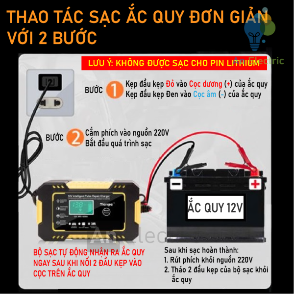Bộ sạc ắc quy thông minh vàng 12VDC/6A TIANYE RJ-C120501A cho ắc quy 12V 4AH - 100AH
